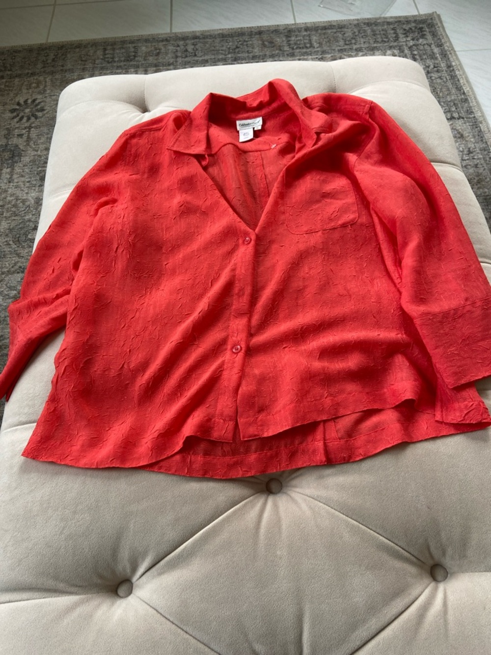 Coldwater Creek Bright Red Button-Front Textured 3/4 sleeves Shirt